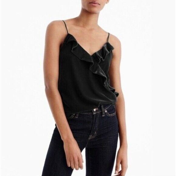 J. Crew Tops - J. Crew H2213 Women's Black Velvet Ruffled Going Out Cami Tank Top Size 00